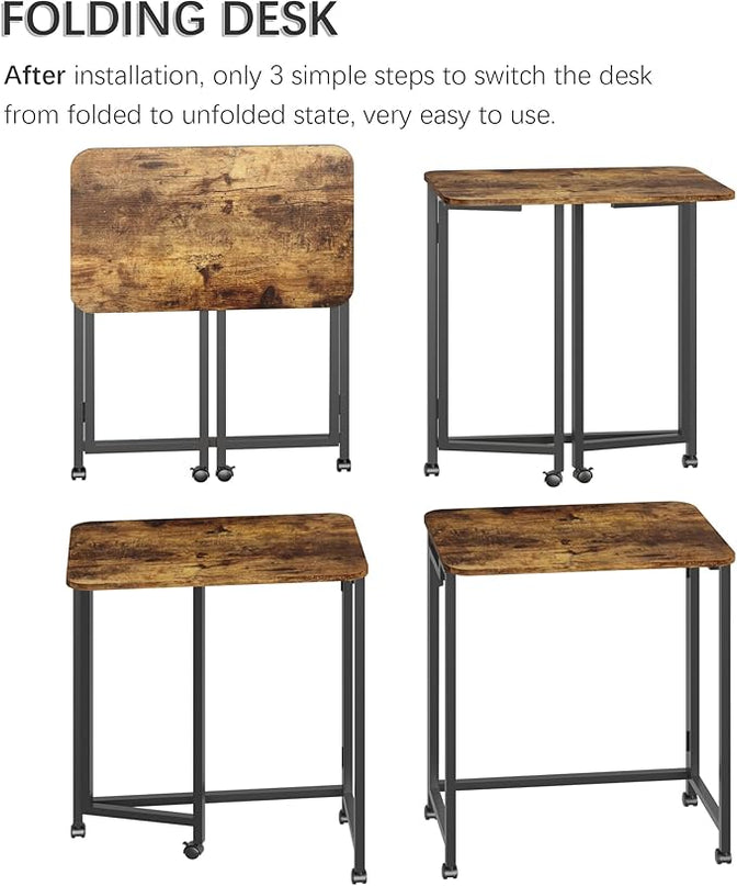 4NM 23.6" Mobile Small Folding Desk, Adjustable Rolling Compact Laptop Cart Desk, Couch Desk, Bed Desk for Laptop for Small Space Offices - Rustic Brown and Black - LeafyLoom