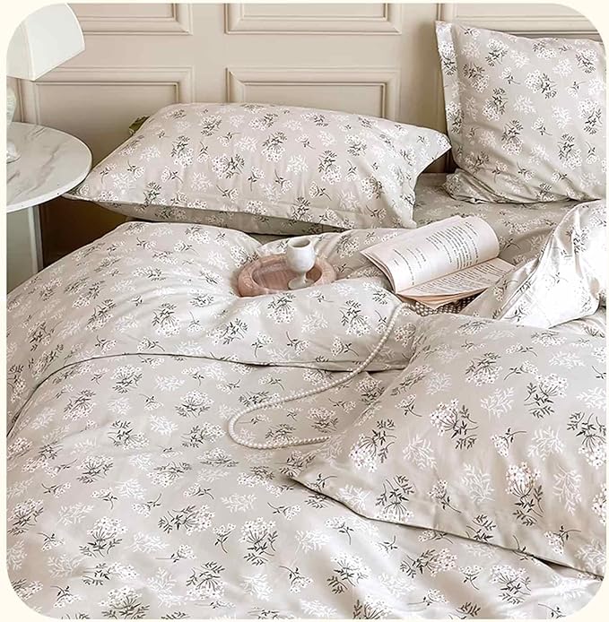 Nanko Beige Floral Comforter Set Queen Size 3 Pcs, Cream Tan Flower Print Pattern Soft Microfiber Down Alternative Duvet Insert, Farmhouse Bedding Sets Bed in a Bag for Women Men, 90 x 90 inch - LeafyLoom