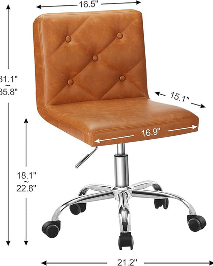 VECELO PU Leather Mid-Back Armless Desk Chair Adjustable Height 360° Rolling Swivel for Home Office Work, Brown - LeafyLoom