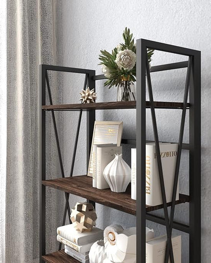 WOOD&LIFE 4 Tier Folding Bookshelf, Easily Assembled Bookcase Industrial Freestanding Multifunctional Decorative Storage Shelf, Rustic Vintage Wooden Metal Bookcase for Living Room Home Office - LeafyLoom