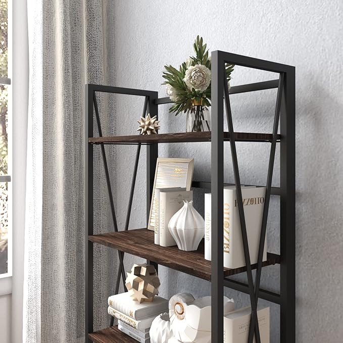 WOOD&LIFE 4 Tier Folding Bookshelf, Easily Assembled Bookcase Industrial Freestanding Multifunctional Decorative Storage Shelf, Rustic Vintage Wooden Metal Bookcase for Living Room Home Office - LeafyLoom