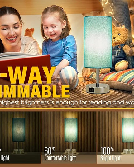 Yarra-Decor Bedside Lamp with USB port - Touch Control Table for Bedroom Wood 3 Way Dimmable Nightstand Round Denim Shade Living Room, Kids College Dorm, Office(LED Bulb Included), Td-001 Denim - LeafyLoom