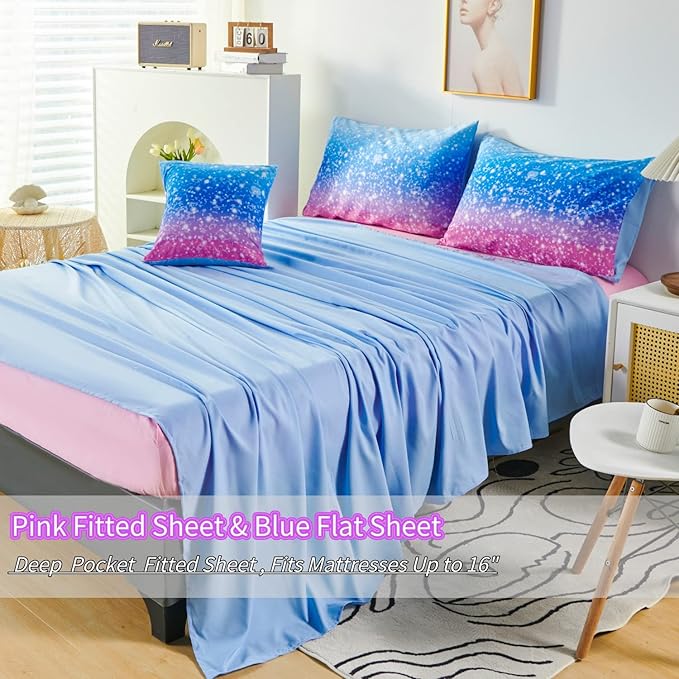 RYNGHIPY 6Pcs Sparkle Gradient Glitter Comforter Sets, Ombre Indigo Pink Gradient Bedding Set for Boys Girls, Rainbow Bed in A Bag Full Size - LeafyLoom