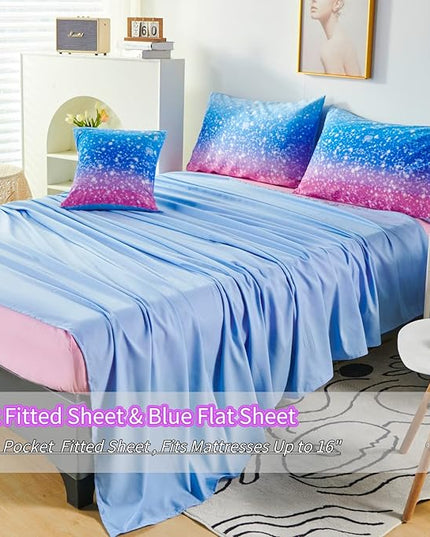 RYNGHIPY 6Pcs Sparkle Gradient Glitter Comforter Sets, Ombre Indigo Pink Gradient Bedding Set for Boys Girls, Rainbow Bed in A Bag Twin Size - LeafyLoom