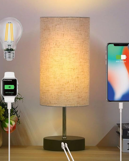 Touch Control Desk Lamp with 2 USB Ports, 3-Way Dimmable Bedside Lamp for Bedroom, Nightstand Lamp with Round Flower Fabric Shade for Living Room, Home Office (Brown-single) - LeafyLoom