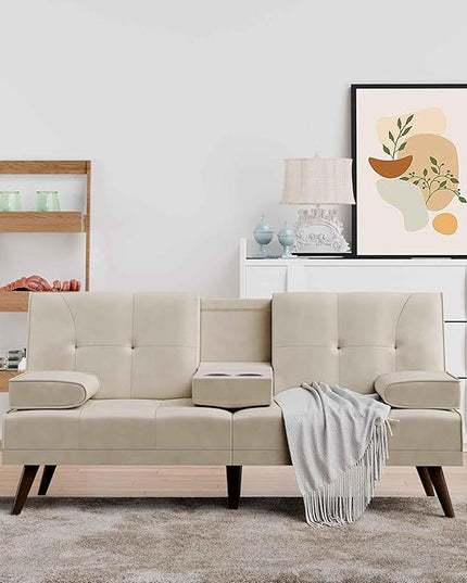 Shintenchi Futon Sofa Bed, Convertible Couch Bed Loveseat, Modern Futon Recliner Sleeper, Small Lazy Futon Set for Living Room, Office, Apartment, Beige - LeafyLoom