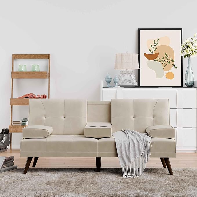 Shintenchi Futon Sofa Bed, Convertible Couch Bed Loveseat, Modern Futon Recliner Sleeper, Small Lazy Futon Set for Living Room, Office, Apartment, Beige - LeafyLoom