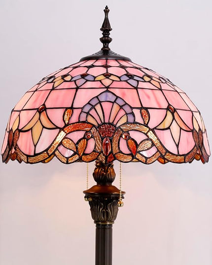 WERFACTORY Tiffany Floor Lamp Pink Baroque Stained Glass Standing Reading Light 16X16X64 Inches Antique Pole Corner Lamp Decor Bedroom Living Room Home Office S003P Series - LeafyLoom