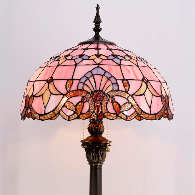 WERFACTORY Tiffany Floor Lamp Pink Baroque Stained Glass Standing Reading Light 16X16X64 Inches Antique Pole Corner Lamp Decor Bedroom Living Room Home Office S003P Series - LeafyLoom