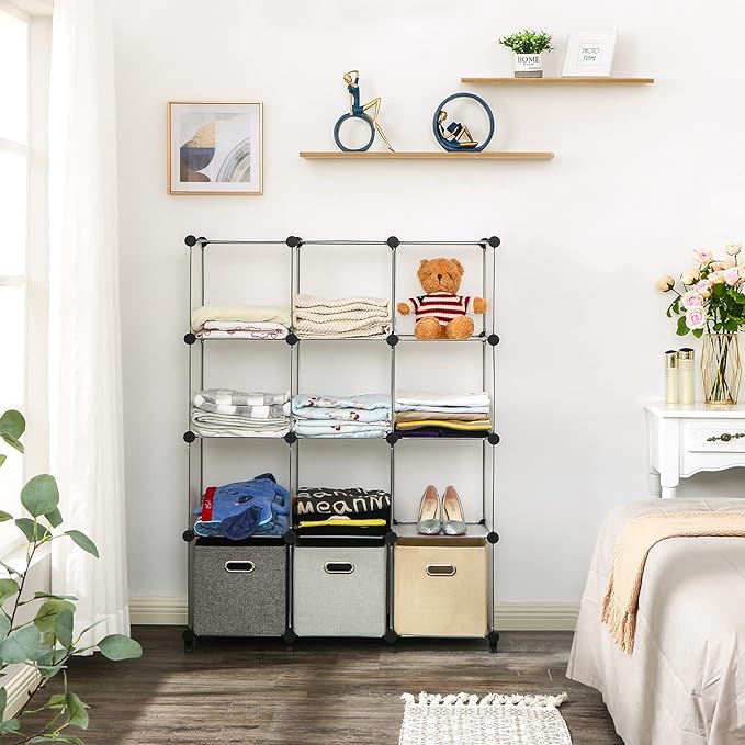 ANWBROAD Cube Storage Organizer 12-cube DIY Modular Closet Organizer Plastic Bookshelf Bookcase Storage Shelves Units Rubber Hammer for Bedroom Office Living Room ULCS012T - LeafyLoom