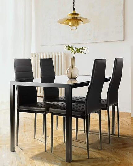 NicBex Small Dining Table Set for 4 Kitchen Table Set 5 Pieces Dining Table Set Kitchen Room Tempered Glass Dining Table with 4 Faux Leather Chairs for Small Space, Black - LeafyLoom