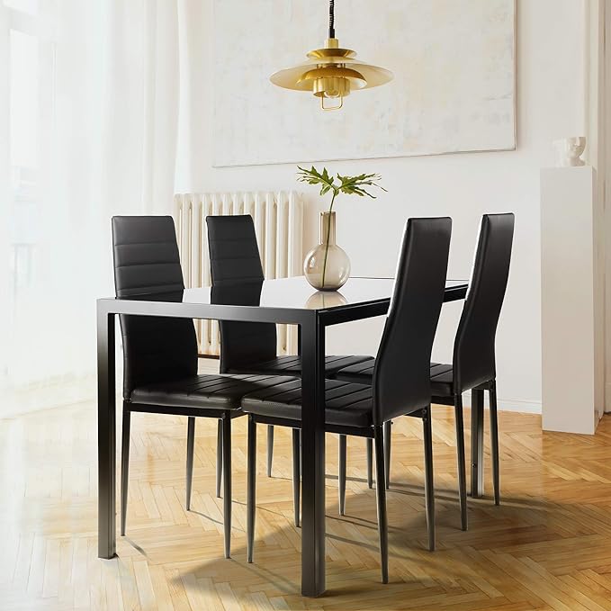 NicBex Small Dining Table Set for 4 Kitchen Table Set 5 Pieces Dining Table Set Kitchen Room Tempered Glass Dining Table with 4 Faux Leather Chairs for Small Space, Black - LeafyLoom