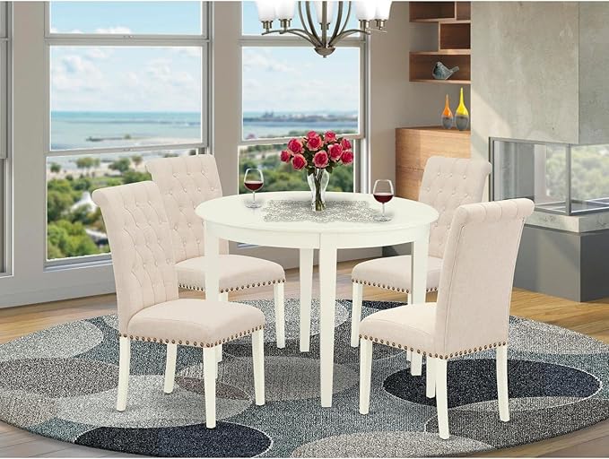 East West Furniture BOBR5-WHI-02 Nook Kitchen Table Set - Dining Room Chairs with Light Beige Linen Fabric Seat and Button Tufted Back - Solid Wood Round Modern Dining Table (White Finish) - LeafyLoom