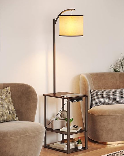 SUNMORY Floor Lamp with Charging Station(USB & AC Port), Rustic End Table Lamp with Shelves & 3-Color Temperature LED Bulb, Lamp Table for Living Room, Walnut - LeafyLoom