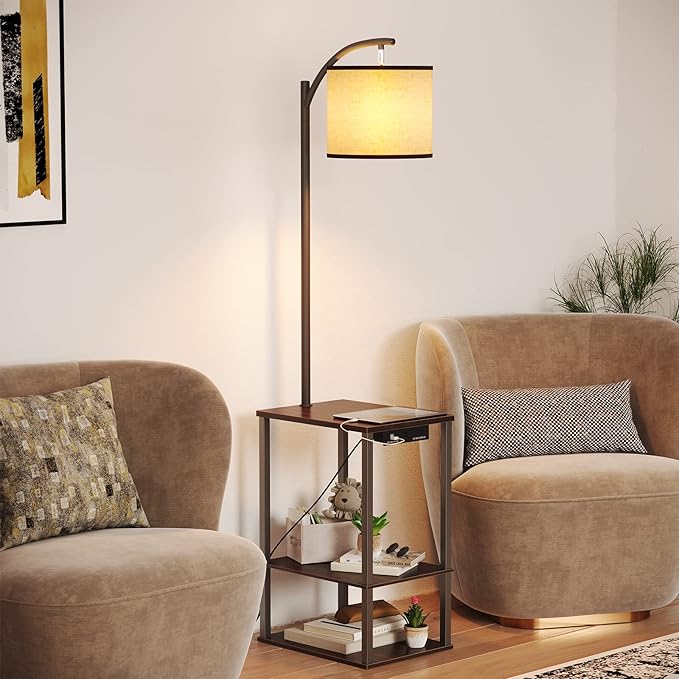 SUNMORY Floor Lamp with Charging Station(USB & AC Port), Rustic End Table Lamp with Shelves & 3-Color Temperature LED Bulb, Lamp Table for Living Room, Walnut - LeafyLoom
