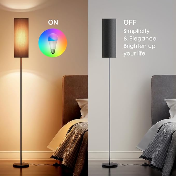 Floor Lamps for Living Room, Modern Floor Lamp with RGB LEDs Bulb,Dimmable Floor Lamp with App Control & Remote Control,Tall Reading Lamp for Bedroom, Living Room, Office,Black Lampshade - LeafyLoom