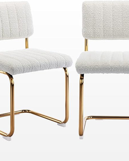 Zesthouse Mid Century Dining Chairs Set of 2, White Boucle Dining Room Chairs with Gold Legs, Upholstered Armless Accent Chairs Side Chairs for Living Room - LeafyLoom