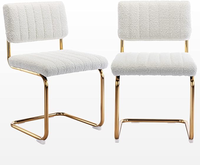 Zesthouse Mid Century Dining Chairs Set of 2, White Boucle Dining Room Chairs with Gold Legs, Upholstered Armless Accent Chairs Side Chairs for Living Room - LeafyLoom