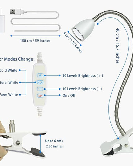 Desk lamp Eye-Caring Table Lamps, 360°Rotation Gooseneck Clip on Lamp Reading Light, Portable Reading Book Light, Clamp Light, Study Desk Lamps for Bedroom and Office Home Lighting (White-C01) - LeafyLoom