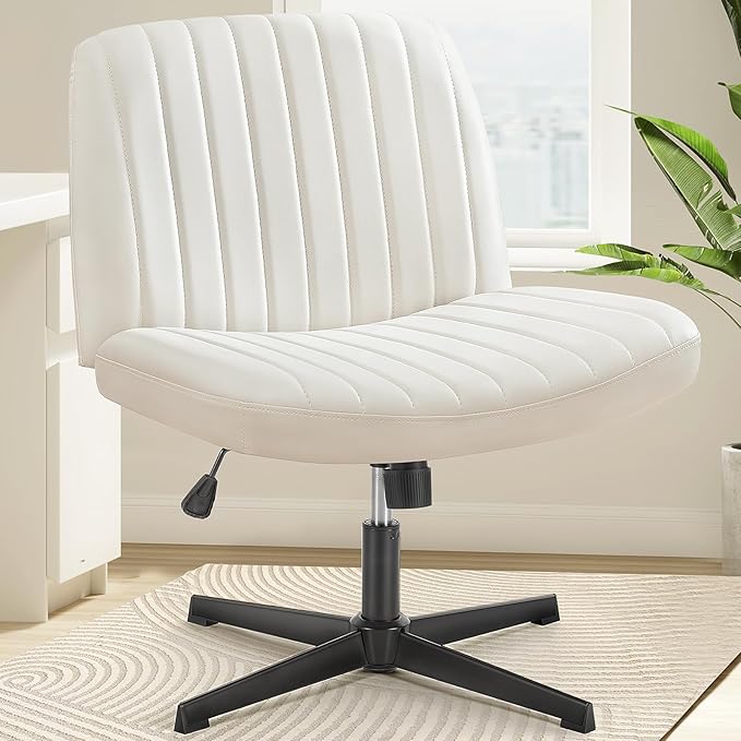 OLIXIS Cross Legged Armless Wide Adjustable Swivel Padded Home Office Desk Chair, Cream - LeafyLoom