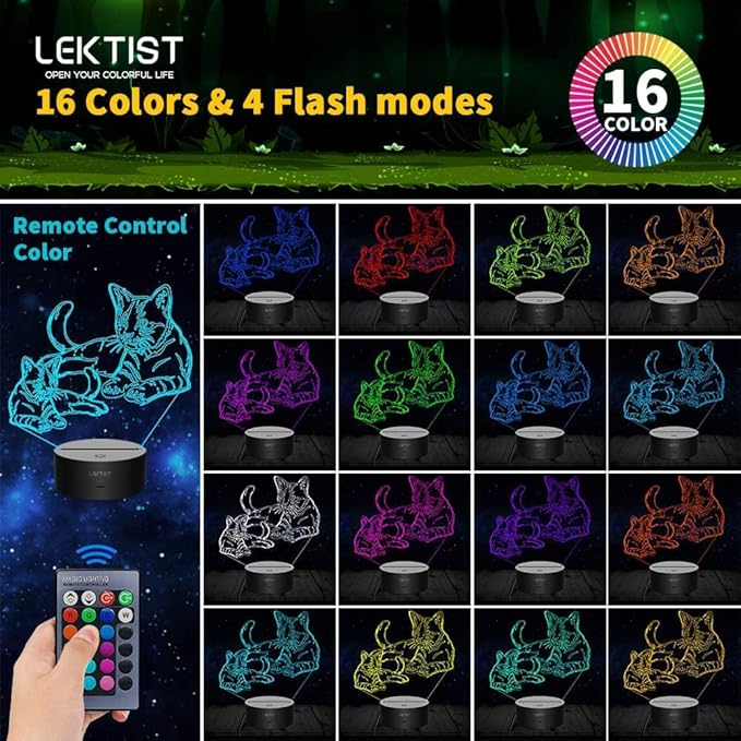Pet Cat lamps 3D Cat Night Light Pet Cat Optical Illusion Nightlights Cat 3D Lamp 16 Colors Remote Control Perfect Cat Gifts Christmas Gifts Birthday Gift for Children Girls boys Room decor - LeafyLoom