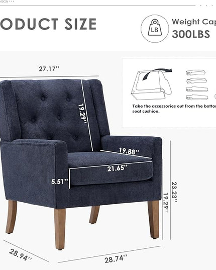 COLAMY Mid-Century Accent Chairs, Modern Wingback Living Room Chair, Upholstered Armchair with Button Tufted Back and Wood Legs for Bedroom/Office/Reading Spaces, Blue - LeafyLoom