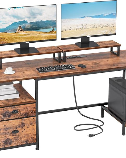 Furologee Desk with Drawer and Power Outlets, 55" Large Compter Desk with Fabric File Cabinet and 2 Movable Monitor Shelf, Writing Gaming Table with CPU Stand and 2 Hooks for Home Office, Rustic Brown - LeafyLoom
