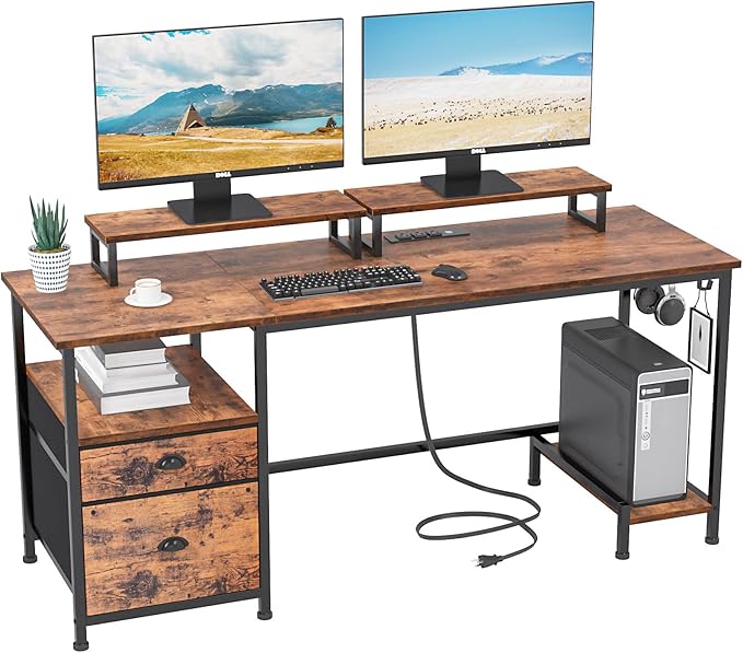 Furologee Desk with Drawer and Power Outlets, 55" Large Compter Desk with Fabric File Cabinet and 2 Movable Monitor Shelf, Writing Gaming Table with CPU Stand and 2 Hooks for Home Office, Rustic Brown - LeafyLoom
