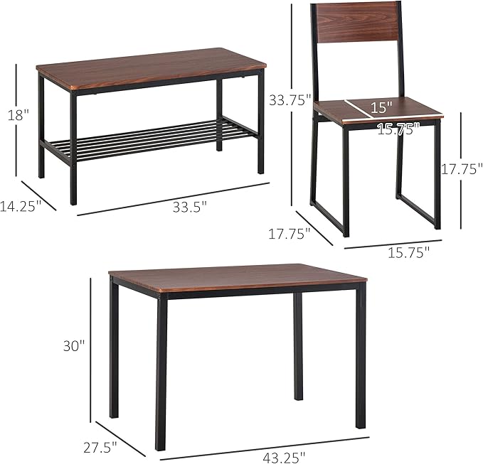 NicBex Dining Table for 4 Breakfast Nook Table Set Industrial 4 Piece Dining Room Table Set with Bench Wooden Kitchen Table and Chairs w/Storage Rack for Kitchen, Dinette, Rustic Brown - LeafyLoom