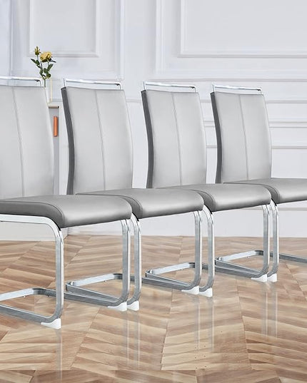 Dining Chairs Set, Kitchen Modern Metal Chairs with Faux Leather Padded Seat High Back and Sturdy Chrome Legs, Chairs for Dining Room (Light Gray, Set of 4) - LeafyLoom