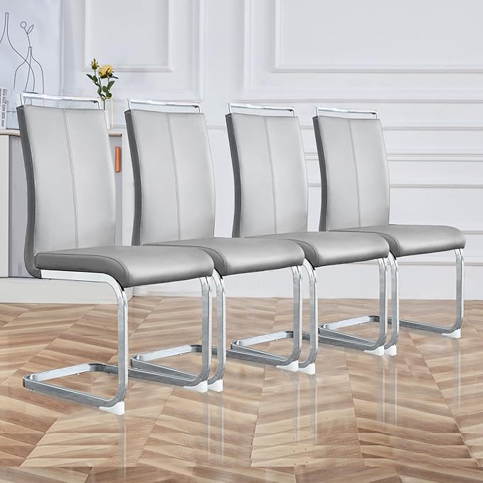 Dining Chairs Set, Kitchen Modern Metal Chairs with Faux Leather Padded Seat High Back and Sturdy Chrome Legs, Chairs for Dining Room (Light Gray, Set of 4) - LeafyLoom