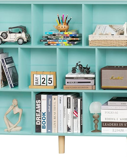 LEYAOYAO 10 Cube Bookshelf,3 Tier Modern Wide Bookcase with Legs,Mid-Century Wood Bookshelves Storage,Mint-Green Large Book Case,Freestanding Organizer Display Shelf for Bedroom,Living Room,Office - LeafyLoom