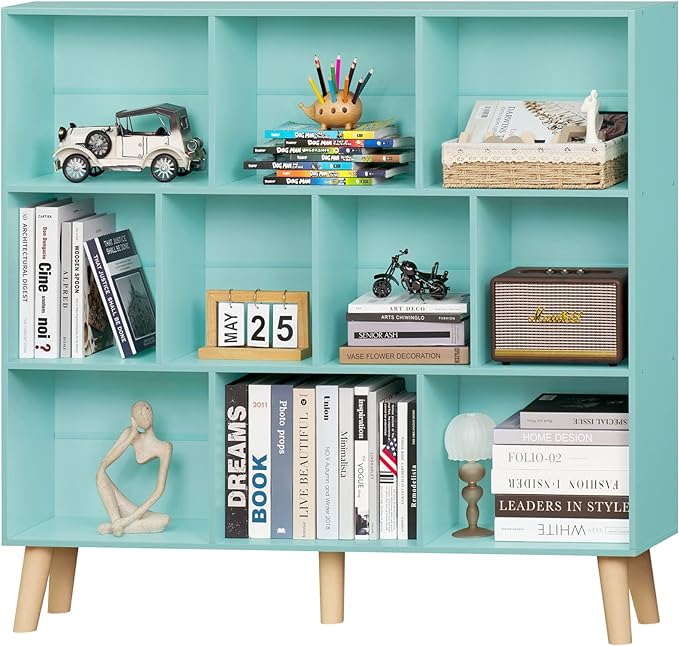 LEYAOYAO 10 Cube Bookshelf,3 Tier Modern Wide Bookcase with Legs,Mid-Century Wood Bookshelves Storage,Mint-Green Large Book Case,Freestanding Organizer Display Shelf for Bedroom,Living Room,Office - LeafyLoom