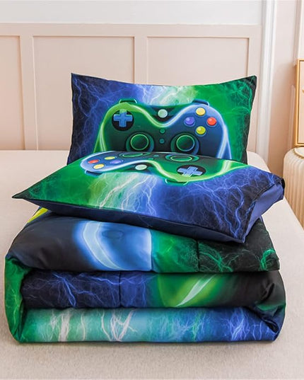 Meeting Story Gamer Gaming Bedding Sets Red Blue Lightnings Gamepad Comforter Set for Boys Games Console Action Buttons Novelty Colorful Modern Room Decor Home Quilt Set (Blue-Green, Queen) - LeafyLoom