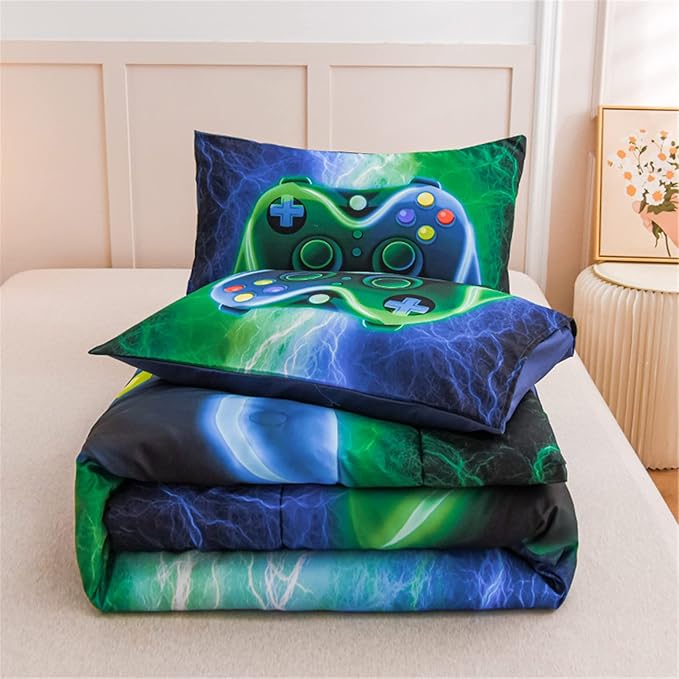 Meeting Story Gamer Gaming Bedding Sets Red Blue Lightnings Gamepad Comforter Set for Boys Games Console Action Buttons Novelty Colorful Modern Room Decor Home Quilt Set (Blue-Green, Full) - LeafyLoom
