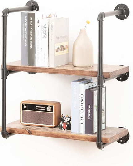Industrial Wall Mounted Pipe Shelving,Rustic Metal Floating Shelves,Steampunk Real Wood Bookcases,DIY Bookshelf Hanging Shelves,Farmhouse Kitchen Bar Office Home Storage (3-Tier with 2 Boards,24in) - LeafyLoom