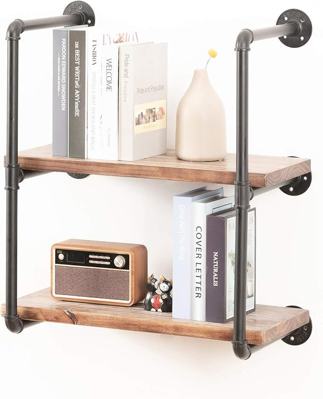 Industrial Wall Mounted Pipe Shelving,Rustic Metal Floating Shelves,Steampunk Real Wood Bookcases,DIY Bookshelf Hanging Shelves,Farmhouse Kitchen Bar Office Home Storage (3-Tier with 2 Boards,24in) - LeafyLoom