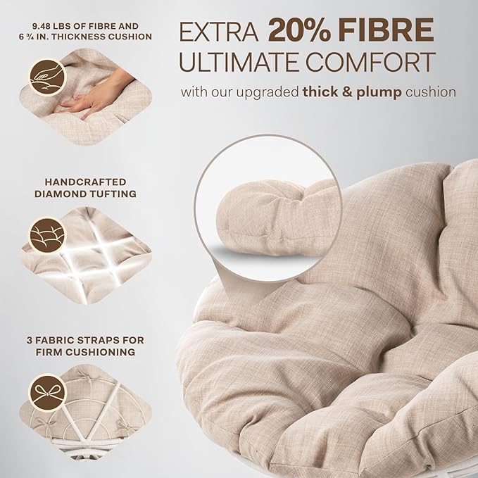 Bme 40" Ergonomic Wicker Papasan Chair with Soft Thick Density Fabric Cushion, High Capacity Steel Frame, 360 Degree Swivel for Living, Bedroom, Reading Room, Lounge - LeafyLoom