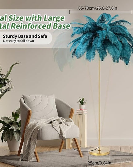 Feather Lamp, Natural Ostrich Feather Floor Lamp for Living Room, 63in Height, 3 Color Temperatures Bright LED Bulbs, Modern Funky Tall Lamp Standing Light for Bedroom (Blue) - LeafyLoom