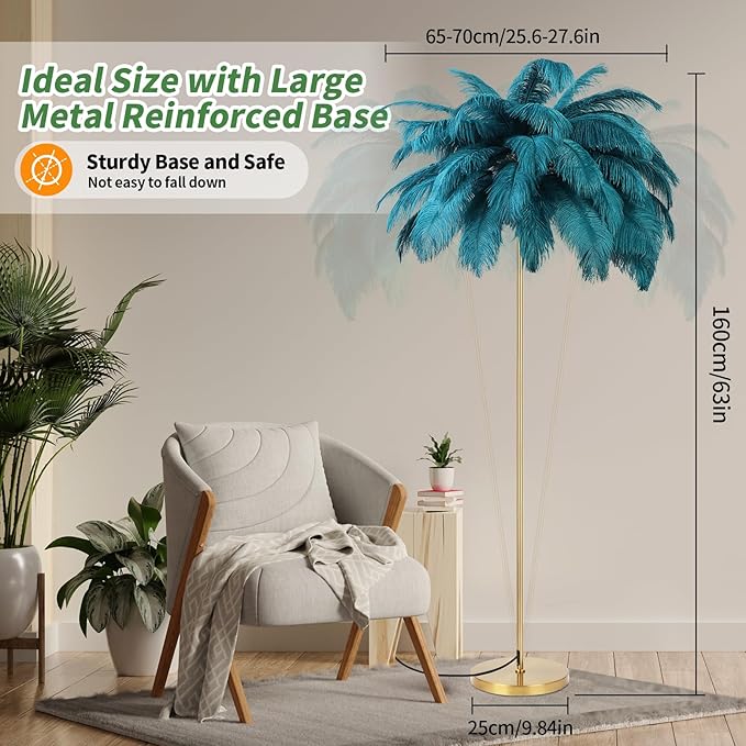 Feather Lamp, Natural Ostrich Feather Floor Lamp for Living Room, 63in Height, 3 Color Temperatures Bright LED Bulbs, Modern Funky Tall Lamp Standing Light for Bedroom (Blue) - LeafyLoom