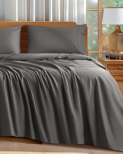 Shilucheng 100% Cotton Sheets Set - 600 Thread Count，Luxury Egyptian Cotton Bed Sheets，5-Star Hotel Quality Sheets, Breathable & Cooling, 16 Inch Deep Pocket - 4 Piece (Dark Grey, California King) - LeafyLoom