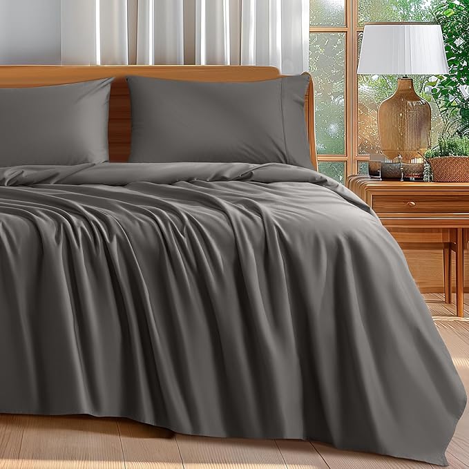 Shilucheng 100% Cotton King Size Sheets Set - 600 Thread Count，Luxury Egyptian Cotton Bed Sheets，5-Star Hotel Quality Sheets, Breathable & Cooling, 16 Inch Deep Pocket - 4 Piece (Dark Grey, King) - LeafyLoom