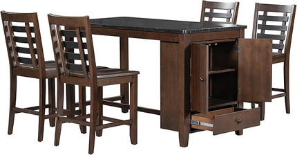 Counter Height Dining 4 with Faux Marble Tabletop, Solid Wood Modern Table Set with Storage Cabinet and Drawer, Dark Walnut - LeafyLoom