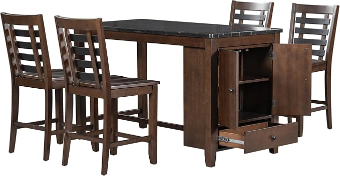 Counter Height Dining 4 with Faux Marble Tabletop, Solid Wood Modern Table Set with Storage Cabinet and Drawer, Dark Walnut - LeafyLoom