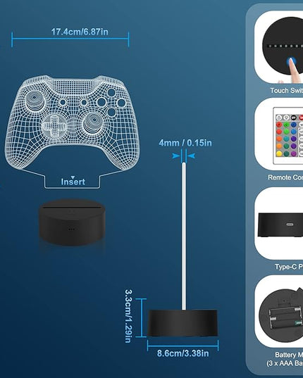 Attivolife Gamepad 3D Illusion Lamp, Controller Night Light with Remote Control + Timer 16 Color Changing Desk Lamp Kids Gamer Room Decor Plug in Best Cool Festival Birthday Gift for Boy Men - LeafyLoom