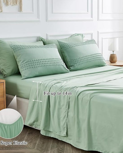 ENJOHOS Queen Comforter Set 7 Piece - Sage Green Comforters Queen Size, Queen Bed in a Bag Set, Boho Tufted Bedding Comforter Set with Pom Pom Design, Lightweight Soft Microfiber Comforter Bed Set - LeafyLoom