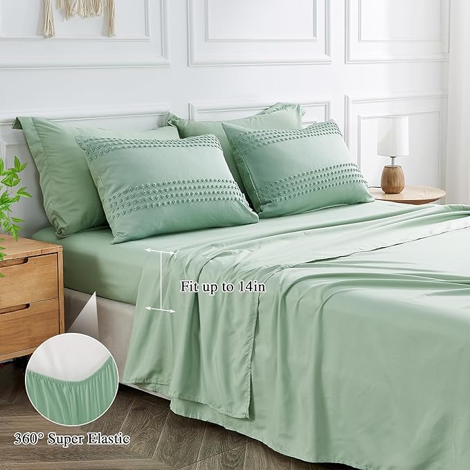ENJOHOS Queen Comforter Set 7 Piece - Sage Green Comforters Queen Size, Queen Bed in a Bag Set, Boho Tufted Bedding Comforter Set with Pom Pom Design, Lightweight Soft Microfiber Comforter Bed Set - LeafyLoom