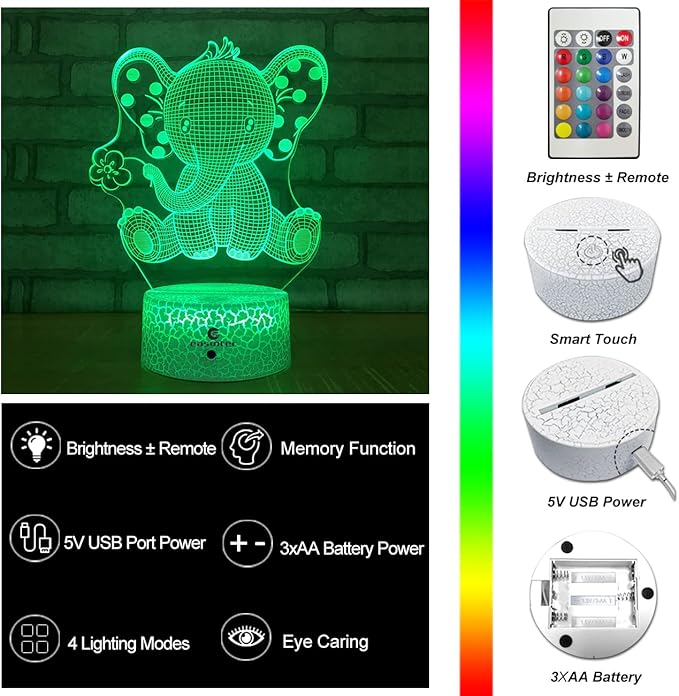 easuntec Elephant Gifts Elephant Lamp with Remote & Smart Touch 7 Colors + 16 Colors Changing Elephant Gifts for Women 4 5 6 7 8 Year Old Girl Gifts (Epht16WT) - LeafyLoom