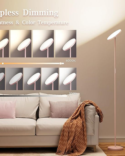 OHLUX Pink Floor Lamp, 32W/2500LM Super Bright Dimmable Sky LED Modern Torchiere Standing Lamp, LED Floor Reading Lamp with 4 Color Temperatures, Remote Touch Control, 1 Hour Timer for Living Room - LeafyLoom
