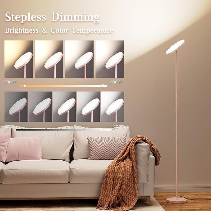 OHLUX Pink Floor Lamp, 32W/2500LM Super Bright Dimmable Sky LED Modern Torchiere Standing Lamp, LED Floor Reading Lamp with 4 Color Temperatures, Remote Touch Control, 1 Hour Timer for Living Room - LeafyLoom